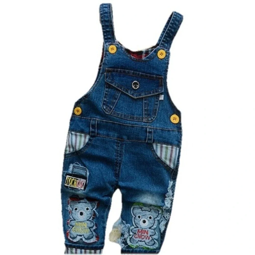 Childs Bib Blue Jean  Overalls Size 2-3Y Embroidered Bear Patches 2 Size Adjusts